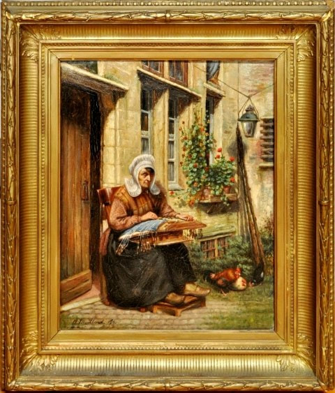 19th century oil on canvas painting of a lady doing needlework