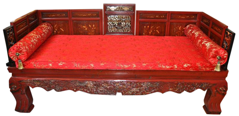 Late Qing Dynasty gilt decorated red lacquered opium bed with wood and ivory inlaid panels