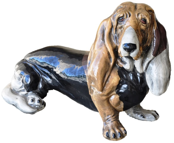Italian ceramic life-size sculpture of a Basset Hound