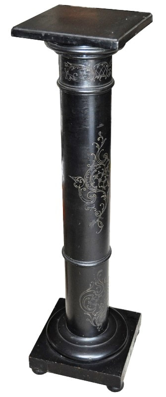 Black wooden column pedestal with scrimshaw pattern