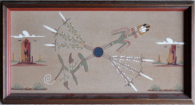 Native American sandpainting titled 4 Sacred Plants by Lester Johnson