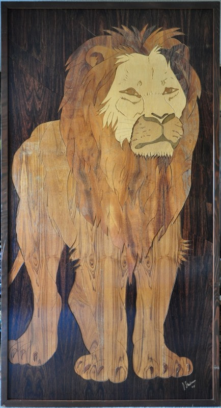 Huge wood inlay artwork depicting a lion by D. Stedman