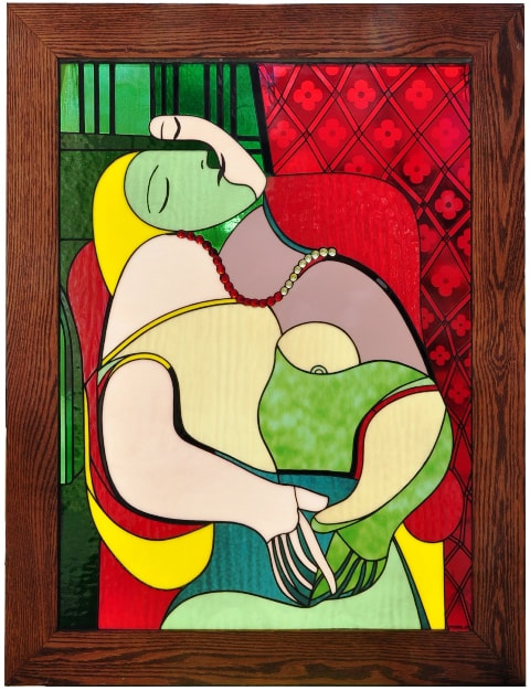One of a kind stained glass window depicting the famous painting Le Rêve (The Dream) by Pablo Picasso
