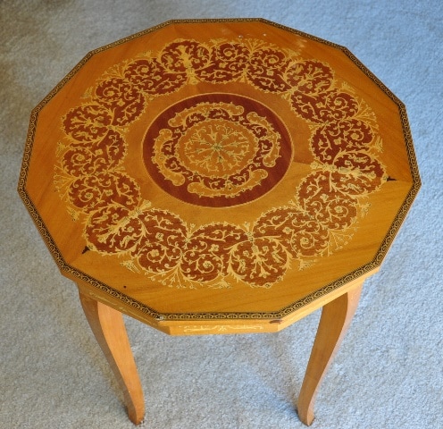 Italian marquetry 12 sided jewelry box table with Swiss music movement
