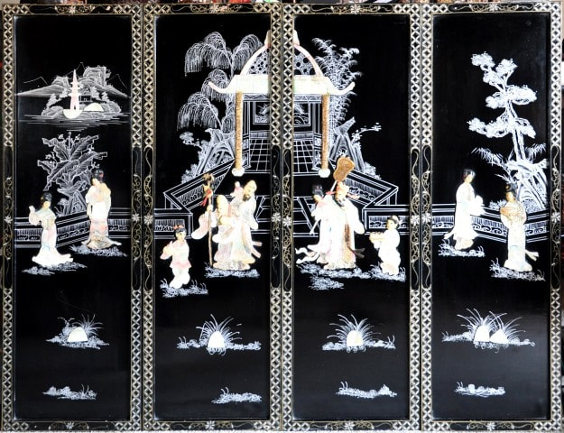 Set of 4 Chinese black lacquer art panels with relief artwork