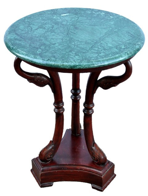 Empire style occasional table with carved mahogany swan neck base