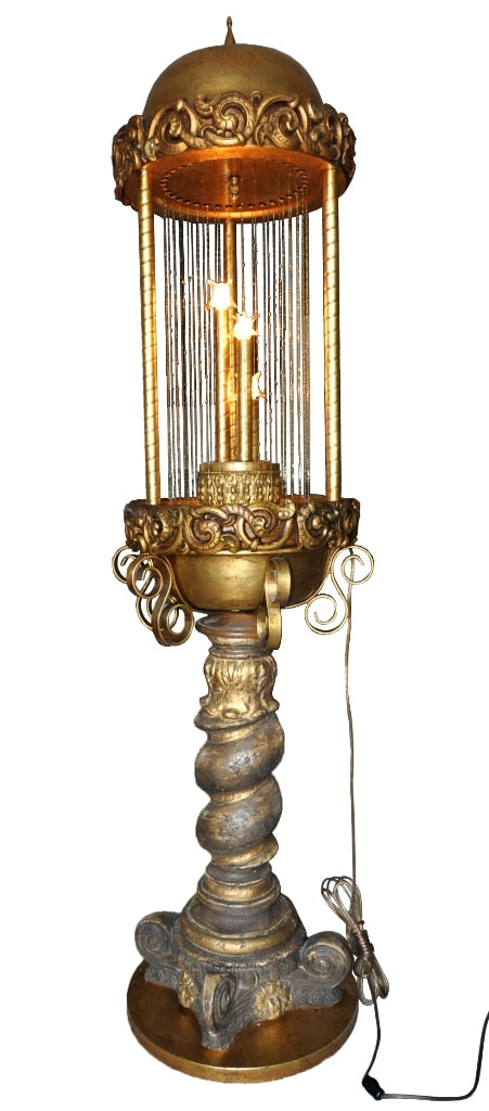Large mid-century oil rain lamp with ornate pedestal