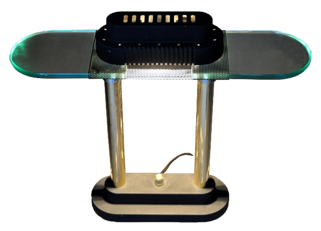Banker's lamp with polished brass finish columns and clear glass shade