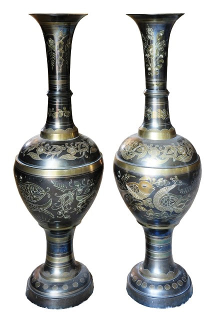 Pair of Indian brass vases with nice engraved artwork