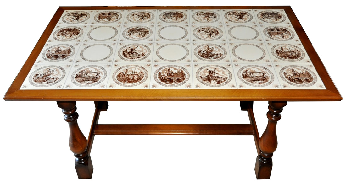 Wood frame coffee table inlaid with painted ceramic tiles