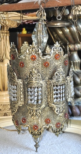 Middle-Eastern brass filigree and crystal pendant chandelier