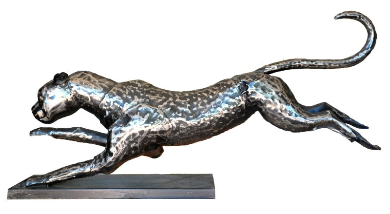 Custom made metal sculpture of a running cheetah