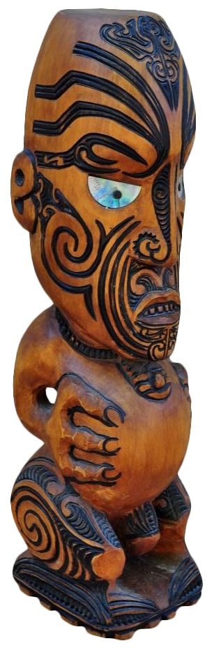 Maori wooden tekoteko sculpture with mother of pearl 