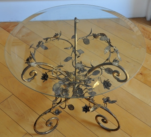 Glass top end table with Italian tole floral metal base