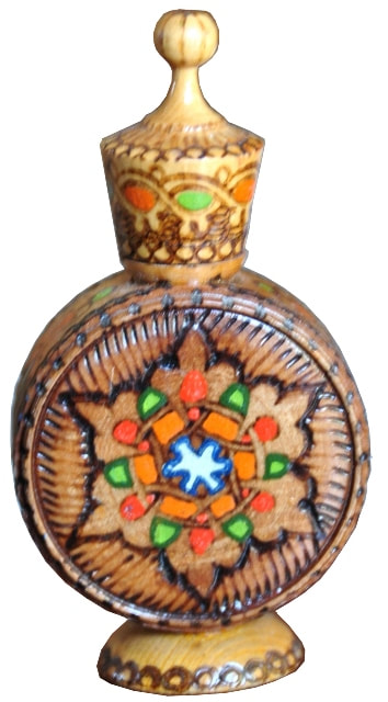 Vintage Bulgarian wooden perfume scent bottle with pyrography artwork