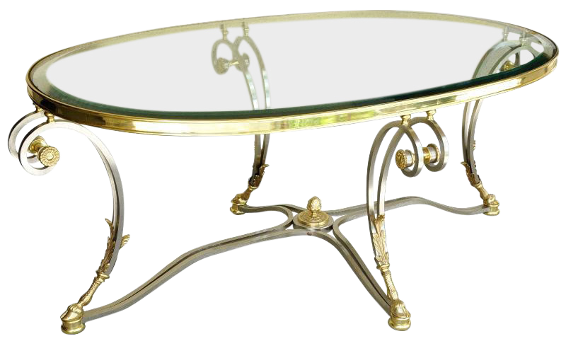 La Barge oval glass top Louis XVI style brushed chrome and brass cocktail table having scrolled legs with stylized ram hoof feet