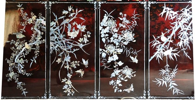 Four Seasons Vietnamese mother of pearl lacquer painting
