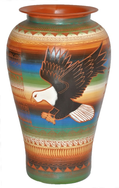 Hand etched Navajo vase with flying eagle by Betty Sum Dim
