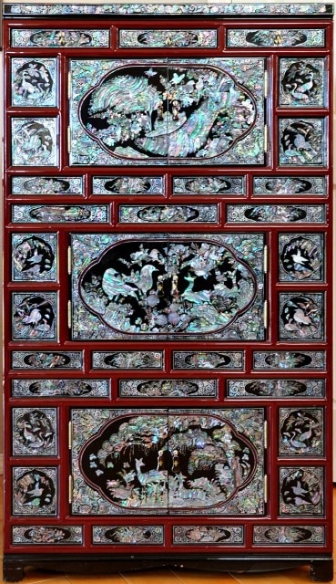 Korean black lacquered chest with mother of pearl inlay
