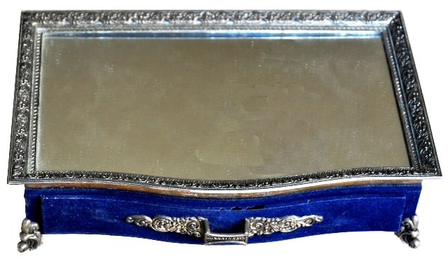 Beautiful jewelry box with mirrored top and silver plated metal parts