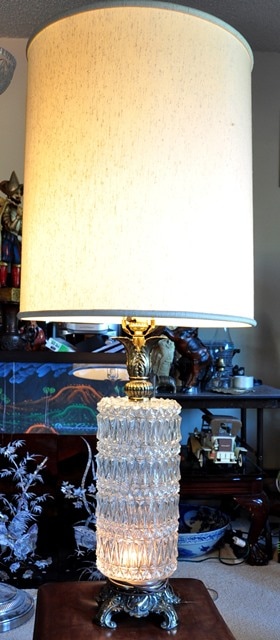 Pair of Hollywood Regency table lamps with patterned glass bases