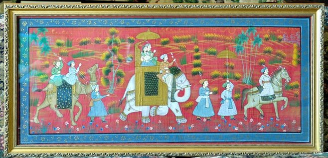 Indian silk painting depicting a royal procession
