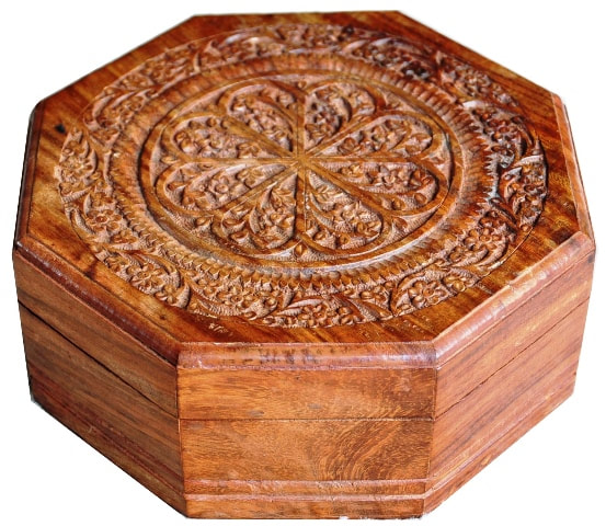 Carved octagonal wooden jewelry box from India