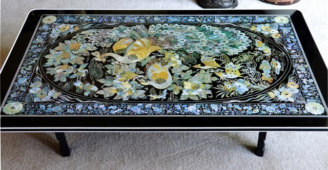 Korean portable low table with peacock and deer painting on top