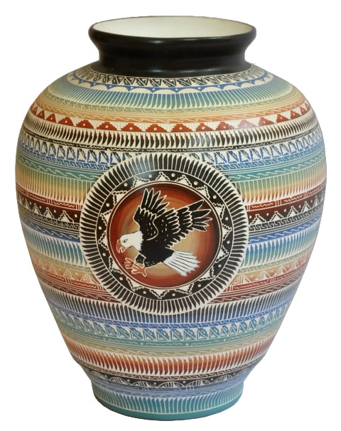 Large hand etched Navajo vase with flying eagle by Betty Sum Dim