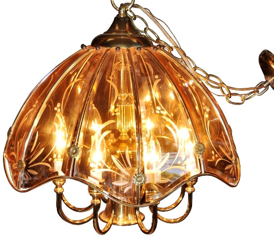 Vintage Fredrick Ramond chandelier with beveled carved glass panels