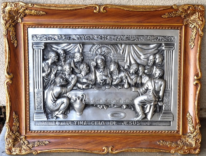 Framed 3D relief pewter sculpture of The Last Supper (Ultima Ceia de Jesus)​