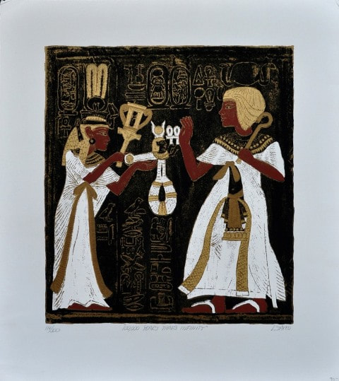 Egyptian themed serigraph titled 100,000 Years Times Infinity by L. Sacco
