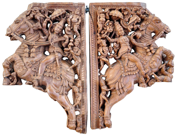 A pair of carved sandalwood architectural brackets Yali depicting Tipu Sultan of Mysore
