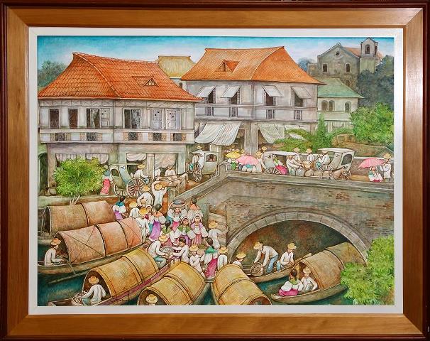 Large framed oil on canvas painting by Eberle Catampongan depicting a Filipino market scene