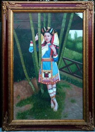 Painting of a young Hmong woman in colorful dress