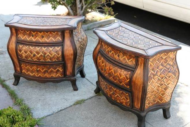Pair of unique woven bamboo nightstands with drawers