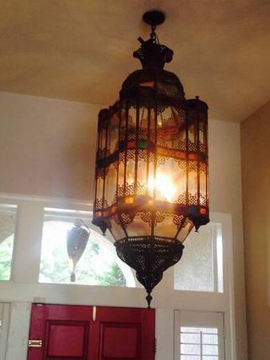 Monumental Moroccan antique lantern style metal and glass chandelier
