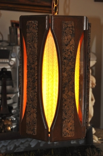 Mid-century modern hanging lantern lamp made of wood and cork