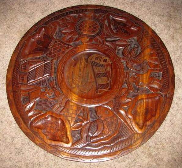 Large wood carved round plaque from Thailand