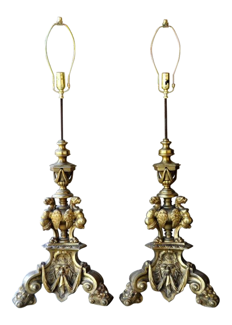 Pair of antique French figural brass andirons converted into custom lamps 