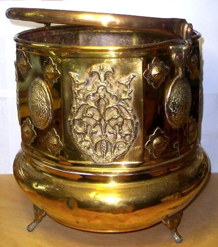 Antique ornate brass fireplace coal bucket or firewood holder