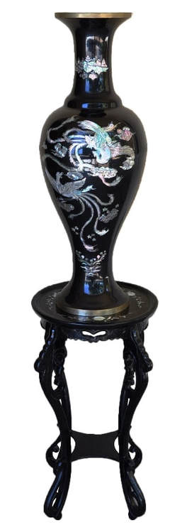 Korean mother of pearl inlaid lacquer vase and stand