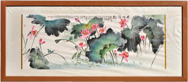 Huge Chinese watercolor painting depicting lotuses and birds