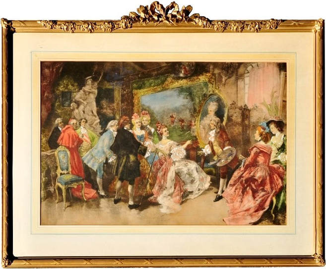 Hand colored lithograph after Royal Visitors in Watteau's Studio by Vicente De Garcia Paredes