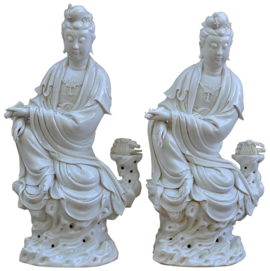 Pair of Chinese Blanc De Chine Bodhisattva statues