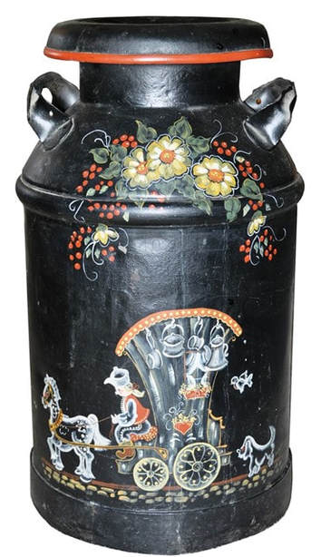 Old milk can with original oil painting of a horse drawn buggy