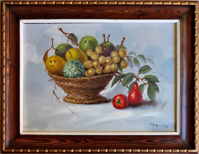 Oil on canvas still life painting of fruits in a basket by J. D. Castro