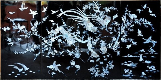 Vietnamese mother of pearl inlay black lacquered painting depicting birds and trees
