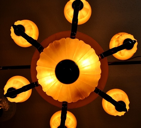 Alabaster and bronze chandelier fixture lamp, 29 inch wide, 8 light