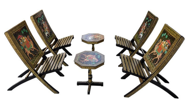 Chair and table set from Rajasthan hand painted with people riding horses and camels